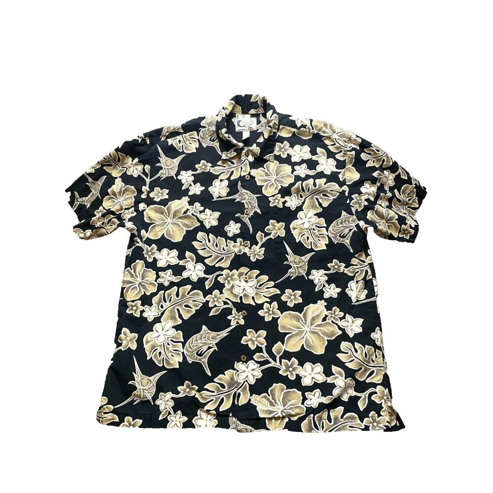 VTG Bluewater Wear Shirt Adult Large Button Up Hawaiian Swordfish Hibiscus‎ Mens